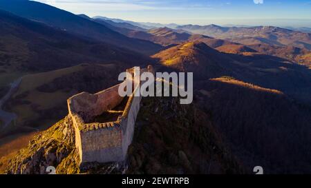Montsegur Cathar castle in the South of France Stock Photo