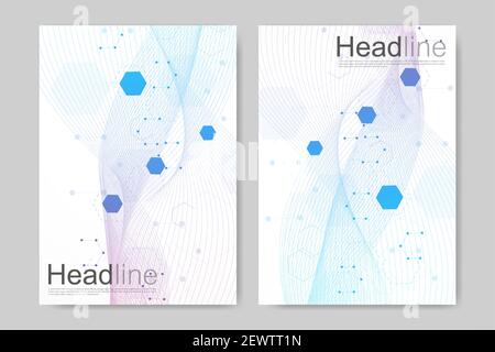 Scientific brochure design template. Vector flyer layout, Molecular structure with connected lines and dots. Scientific pattern atom DNA with elements Stock Vector