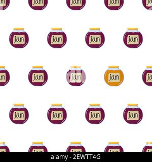 Cartoon seamless pattern for fabric design with jar of purple berry jam. Eye catching element - yellow jam. Colorful background. Stock Vector