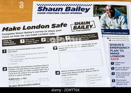 Election communication & questionnaire or survey from Shaun Bailey, the 2021 Conservative candidate for mayor of London. Stock Photo