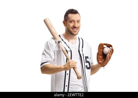 Man holding a baseball bat and a ball in a glove smiling at the camera isolated on white background Stock Photo