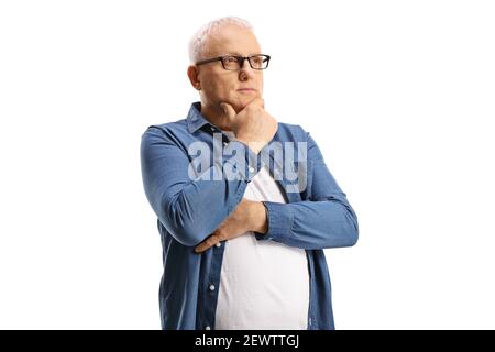 Pensive mature man looking in distance isolated on white background Stock Photo