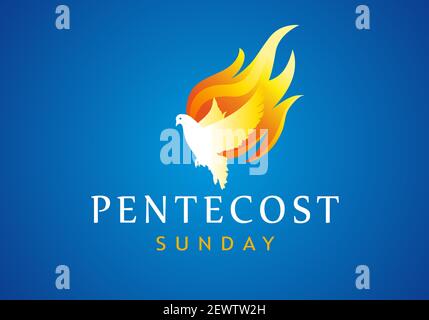 Pentecost Sunday banner with Holy Spirit in flame. Template invitation for Pentecost day with dove in tongues fire and text - The Outpouring of the Sp Stock Vector