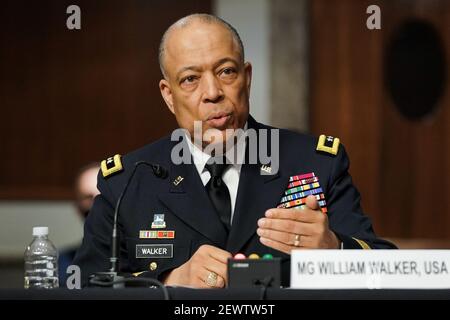 Washington, United States. 03rd Mar, 2021. Army Maj. Gen. William Walker, Commanding General of the District of Columbia National Guard answers questions during a Senate Homeland Security and Governmental Affairs/Rules and Administration hearing to examine the January 6, 2021 attack on the US Capitol on Wednesday, March 3, 2021 in Washington, DC. Pool Photo by Greg Nash/UPI Credit: UPI/Alamy Live News Stock Photo