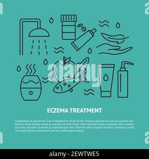 Eczema treatment concept banner with text. Skin allergy therapy symbols ...
