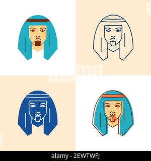 Bedouin man icon set in flat and line style. Middle east human with traditional head scarf symbol. Vector illustration. Stock Vector