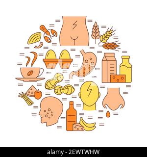 Food sensitivity round concept poster template in line style. Banner with allergy symptoms and products symbols. Vector illustration. Stock Vector