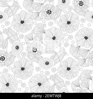 Monochrome doodle flower seamless pattern for adult coloring book. Black and white floral outline. Vector illustration. Stock Vector