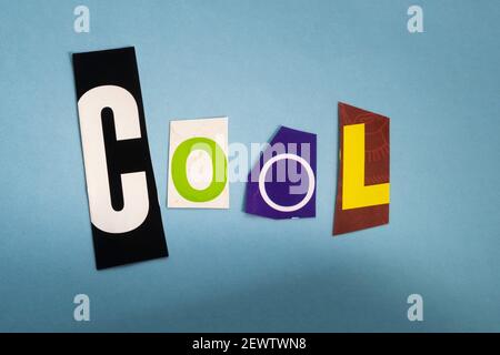 The word 'COOL' using cut-out paper letters in the ransom note effect typography, USA Stock Photo