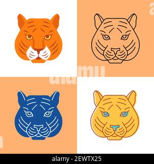 Tiger head icon set in flat and line styles. Wild animal symbol. Vector illustration. Stock Vector