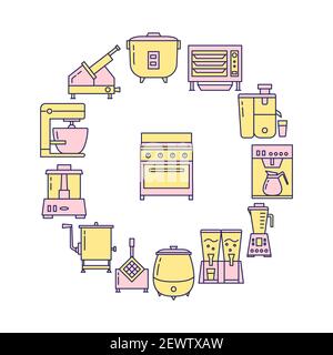 Kitchen equipment round concept banner in line style. Restaurant or cafe equipment poster template. Vector illustration. Stock Vector