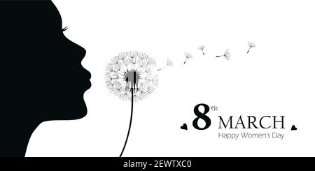 girl blows dandelion with heart silhouette womens day 8th march vector illustration EPS10 Stock Vector