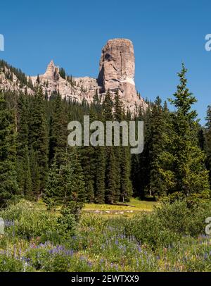 Dramatic 11,781 Foot  (3,591 Meter)  Chimney Rock in Southwestern Colorado. Viewed from the West Fork of the Cimarron River Valley. Stock Photo