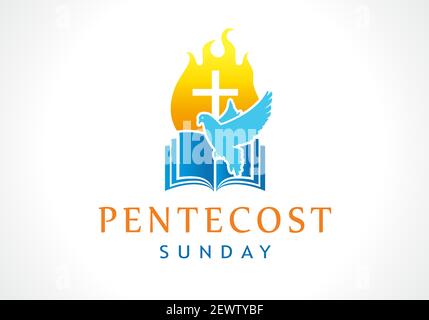 Pentecost Sunday banner with Holy Spirit in flame. Template invitation for Pentecost day with dove in tongues fire and text - The Outpouring of the Sp Stock Vector