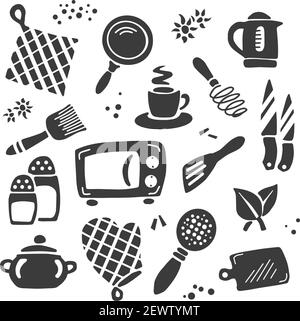 A set of kitchen items: kettle, frying pan, microwave oven, knife, cup, glove, seasoning, salt. Vector isolated black and white illustration silhouett Stock Vector
