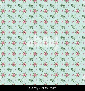 Seamless floral pattern with tender pink flowers, green leaves and some decorative elements. Repeated ornament perfect for wrapping paper, textile, background. Vector illustration Stock Vector