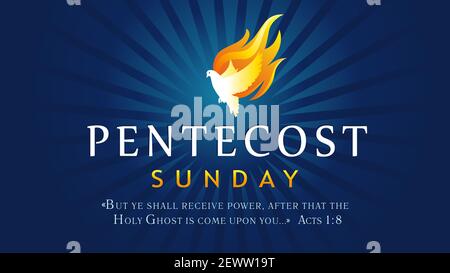 Pentecost Sunday banner with Holy Spirit in flame. Template invitation for Pentecost day with dove in tongues fire and text Acts 1 8. Vector illustrat Stock Vector