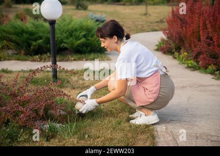 Woman gardener decorates garden with stones, landscaping. Stock Photo