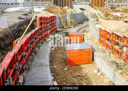 use of concrete formwork in the construction of a new pedestrian tunnel under the motorway Stock Photo