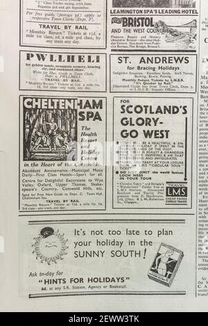 Advert for holidays around the UK in The Times newspaper, London, UK, Friday 24th May 1935. Stock Photo