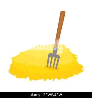 Haystack with fork isolated on white background in cartoon style stock vector illustration. Bale of hay, wheat pile, harvest, countryside. . Stock Vector