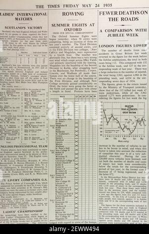 Oxford Summer Eights results from bumps event reported in The Times newspaper, London, UK, Friday 24th May 1935. Stock Photo