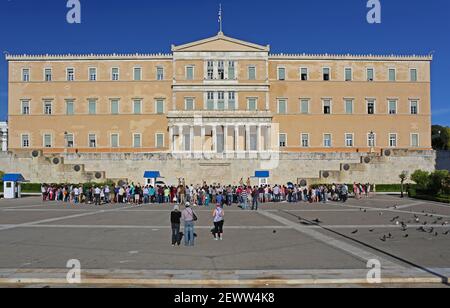 Athens, Greece - May 04, 2015: Tourists Crowds and Changing Guards Ceremony in Front of Hellenic Parliament Building in Athens, Greece. Stock Photo