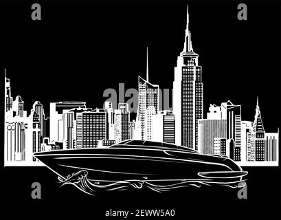 silhouette vector Illustration of a luxury private boat on skyscrapers background Stock Vector