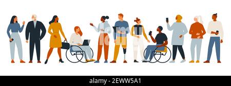 The diverse group of people, entrepreneurs, or office workers isolated on white background. Multinational company. Old and young men and women standin Stock Vector
