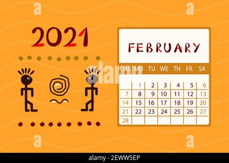 Calendar Africa for February 2021. Week starts on Sunday.Colorful design with ethnic pattern. Vector illustration. Stock Vector