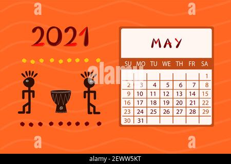 Calendar Africa for May 2021. Week starts on Sunday.Colorful design with ethnic pattern. Vector illustration. Stock Vector