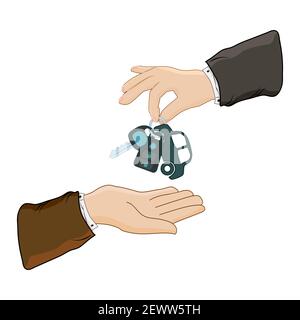 Car rental or sale concept. Hand giving car keys isolated on white background. Mortgage, credit or property notion. Test drive. Vector illustration Stock Vector