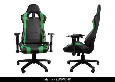 Front and side view of black and green leather racing car design gaming chair isolated on white Stock Photo