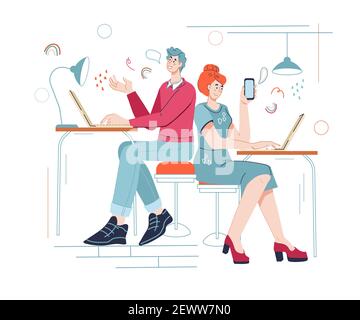 Business people working in coworking open space office. Shared coworking environment and teamwork, flat cartoon vector illustration. Stock Vector