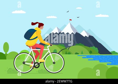 Young woman riding bicycle in mountains. Girl bicyclist tourist with backpack on bike travel in nature. Female cyclist active recreation on hill lake and forest. Cycle ride touring vector illustration Stock Vector