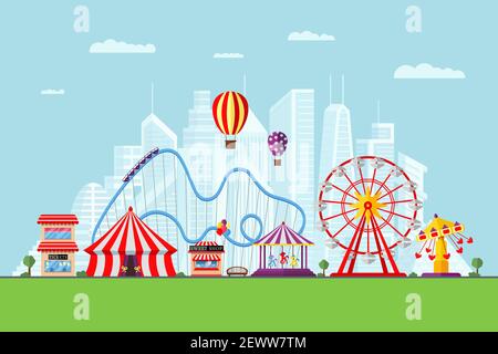 Amusement park with circus carousels roller coaster and attractions on modern city background. Fun fair and carnival theme landscape. Ferris wheel and merry-go-round festival vector eps illustration Stock Vector
