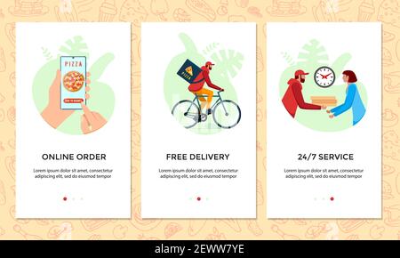 Order food online mobile app banner set. Chooses pizza on smartphone screen template. Express free bicycle delivery from pizzeria service concept. Product bike shipping vector illustration Stock Vector