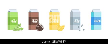 Soy, almond, coconut, rice and cow milk cardboard box set. Carton packaging design element collection. Hand drawn healthy vegan lactose free drink. Isolated vector eps illustration Stock Vector