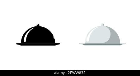 Restaurant cloche. Cafe food serving tray icon set. Covered dish symbol black and silver on white background. Food platter serving signs. Vector isolated illustration Stock Vector