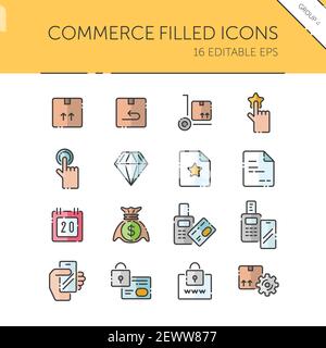Commerce. Box, diamond, hand, swiping machine, security, money and calendar group. Isolated color icon set. Filled vector illustration Stock Vector