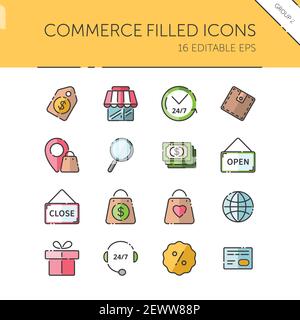 Commerce. Store, tag, wallet, pay, label, money, location and call center group. Isolated color icon set. Filled vector illustration Stock Vector