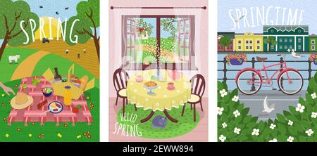 Hello Spring cute vector poster set. Outdoor picnic on grass and sowing, vacation in nature and village rest, bike on old city embankment and foliage and birds. Springtime hand drawn card or banner Stock Vector
