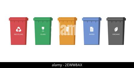 Trash sorting containers. Paper, glass, plastic and organic garbage colourful bins for recycling. Rubbish dustbin set. Waste utilization icons. Save environment and ecology vector concept illustration Stock Vector