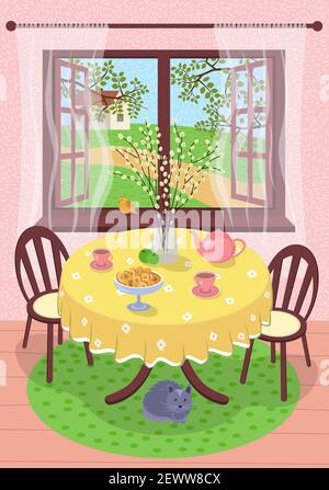 Spring village rest scene eps poster. Country house interior. Outside open window through tree foliage springtime field and warm pleasant day. Cat under table. Tea set. In glass vase willow branches Stock Vector