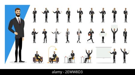 Successful businessman in suit showing gestures and emotions in different poses set. Office business man character with beard. Vector male person standing, sitting, walking, happy and angry collection Stock Vector