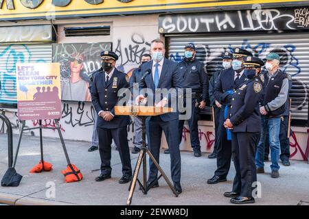 New York, United States. 03rd Mar, 2021. Police Commissioner Dermot Shea press conference to combat graffiti and improve quality of life on Orchard Street in New York on March 3, 2021. Initiative to combat graffiti is designed to improve quality of life and to lower crimes in the city. (Photo by Lev Radin/Sipa USA) Credit: Sipa USA/Alamy Live News Stock Photo