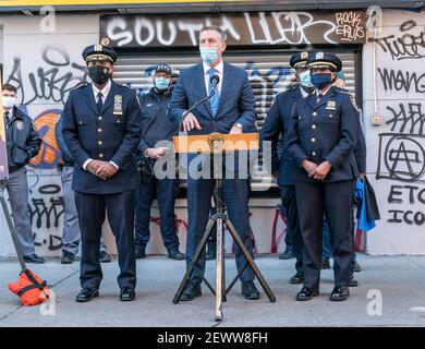 New York, United States. 03rd Mar, 2021. Police Commissioner Dermot Shea press conference to combat graffiti and improve quality of life on Orchard Street in New York on March 3, 2021. Initiative to combat graffiti is designed to improve quality of life and to lower crimes in the city. (Photo by Lev Radin/Sipa USA) Credit: Sipa USA/Alamy Live News Stock Photo