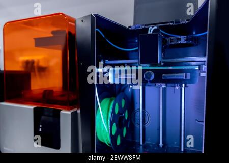 3D printer with nylon and plastic printing, model plate. Stock Photo