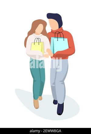 Young couple in love guy and girl walk together from store holding shopping bag in hand and cuddling. Man hugs woman in supermarket with purchases. Buyer relationship vector isolated eps illustration Stock Vector