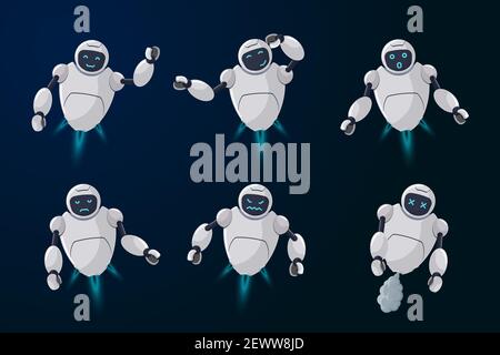 Cute friendly robot character different emotion set. Futuristic chatbot mascot various activity poses. Online bot greets, smile, sad, evil, surprised, think and broken. Futuristic cartoon illustration Stock Vector